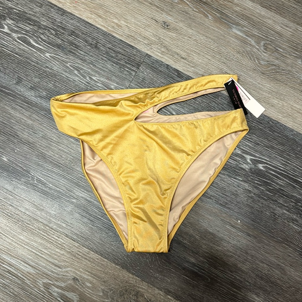 NWT Victorias Secret gold high rise side cutout swim bikini bottoms M